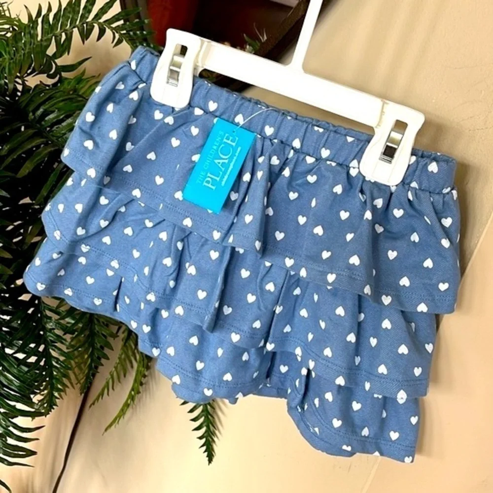 Brand New The Children’s Place Blue Tiered Ruffle Skirt White Heart Polka Dots